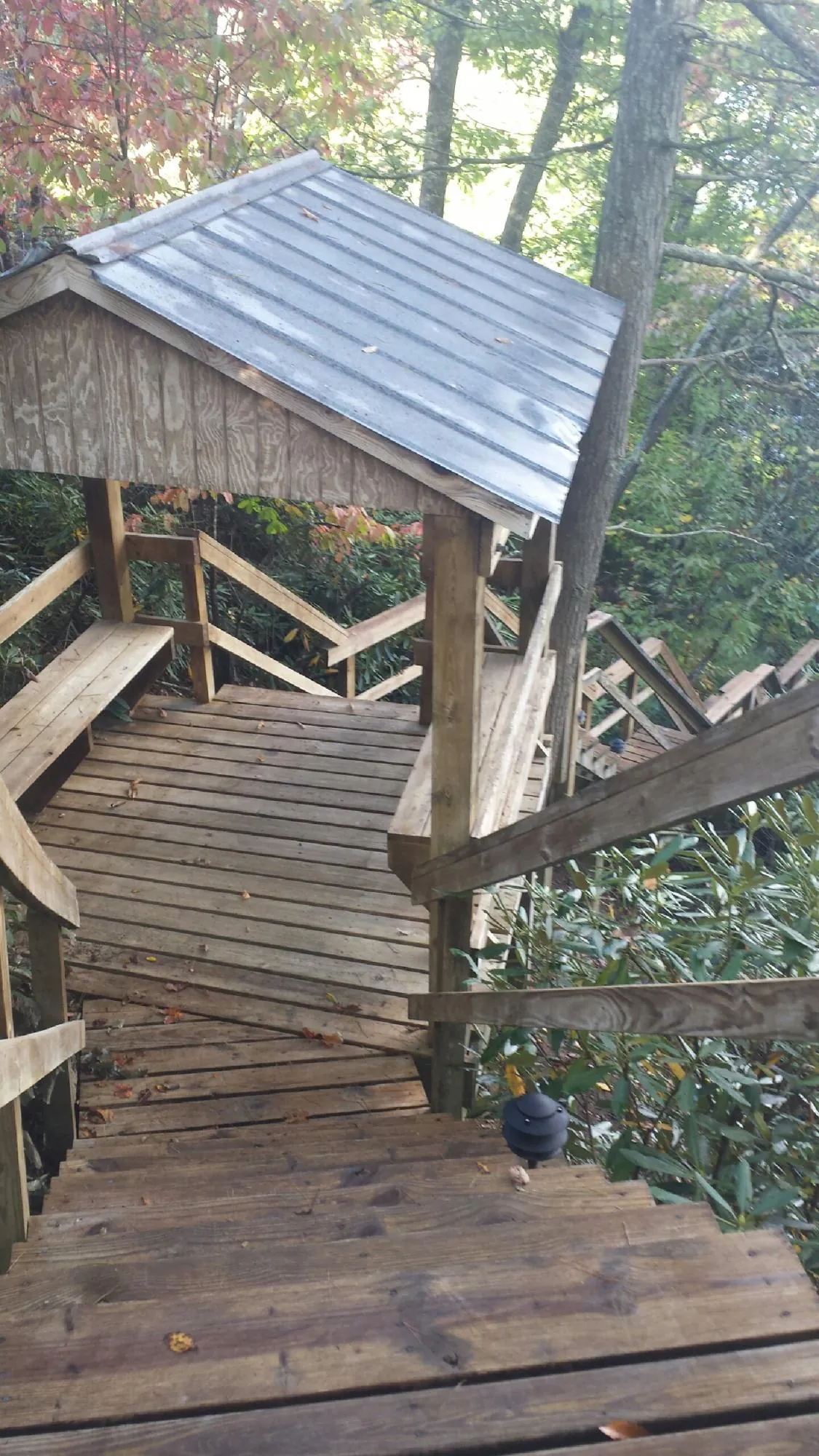 Metal roofed shelter over wooden steps on a wooded walkway — Skylight Repair & Installation work by our crew in Castle Hayne